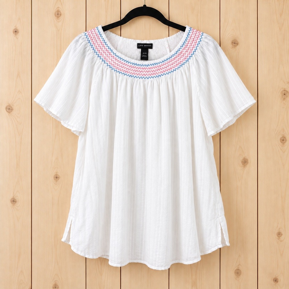 Lane Bryant 100% Cotton Blouse Women 26/28 White Embroidered Smocked Top